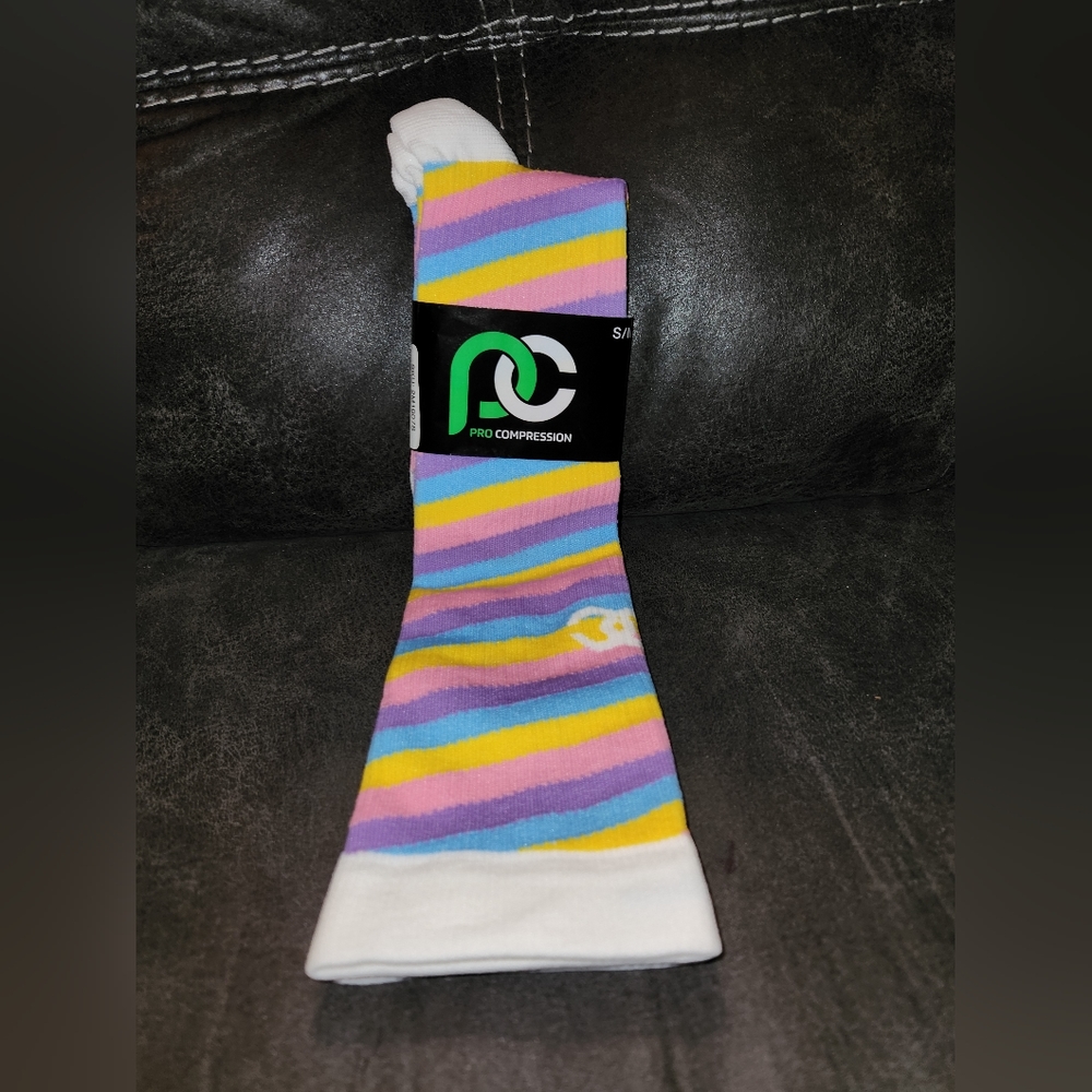 Pro Compression socks Small/Medium Stripes NWT Pink Blue Purple Yellow Nurse